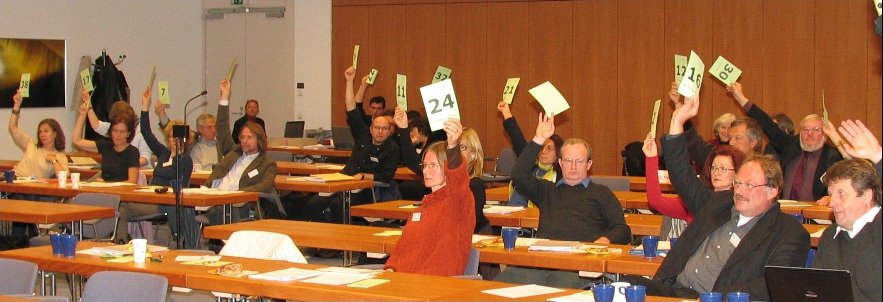 Foto: Die Delegierten auf der 11. DV bei einer Abstimmung 